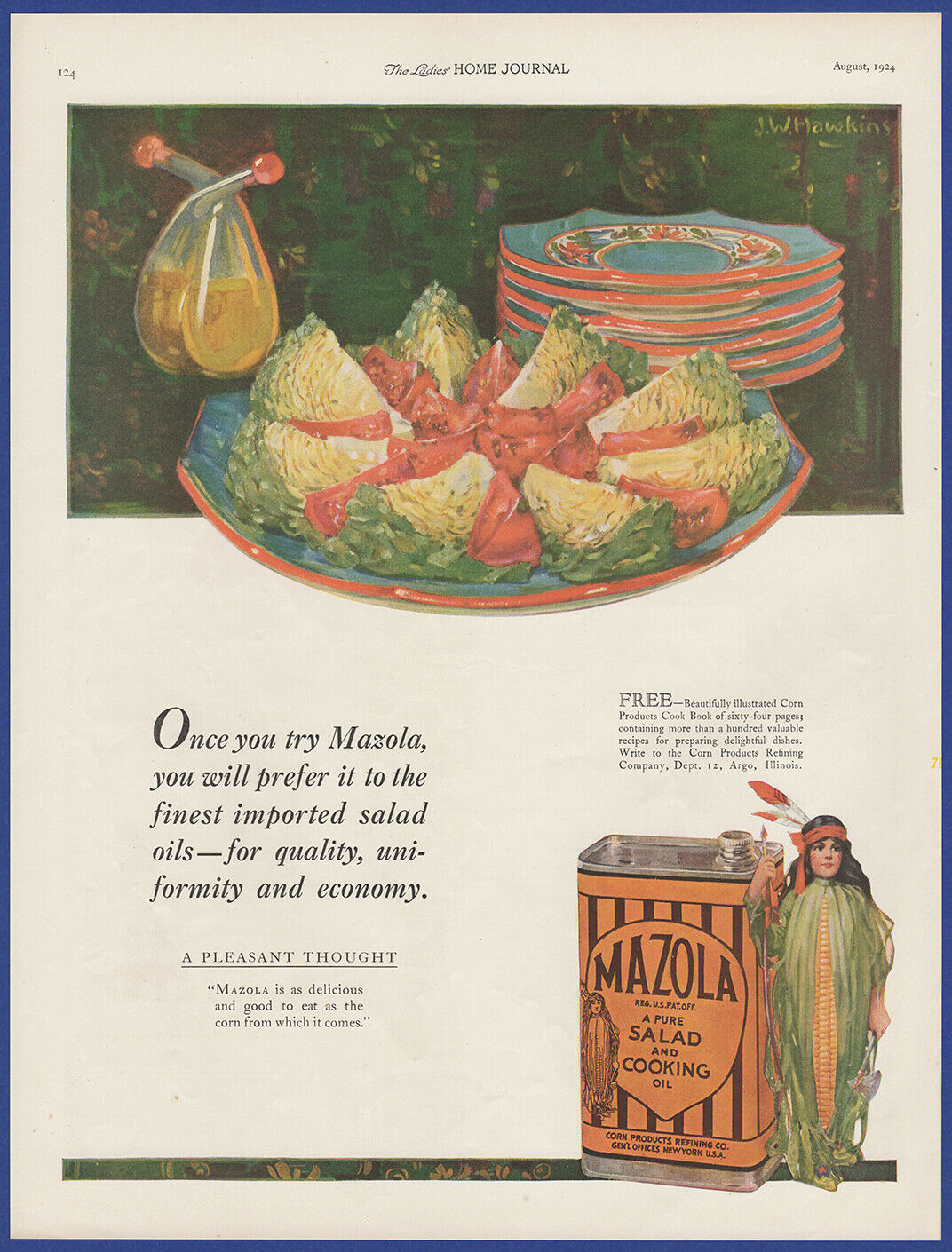 Vintage 1924 Mazola Salad & Cooking Oil Kitchen Décor J. W. Hawkins Art Print Ad