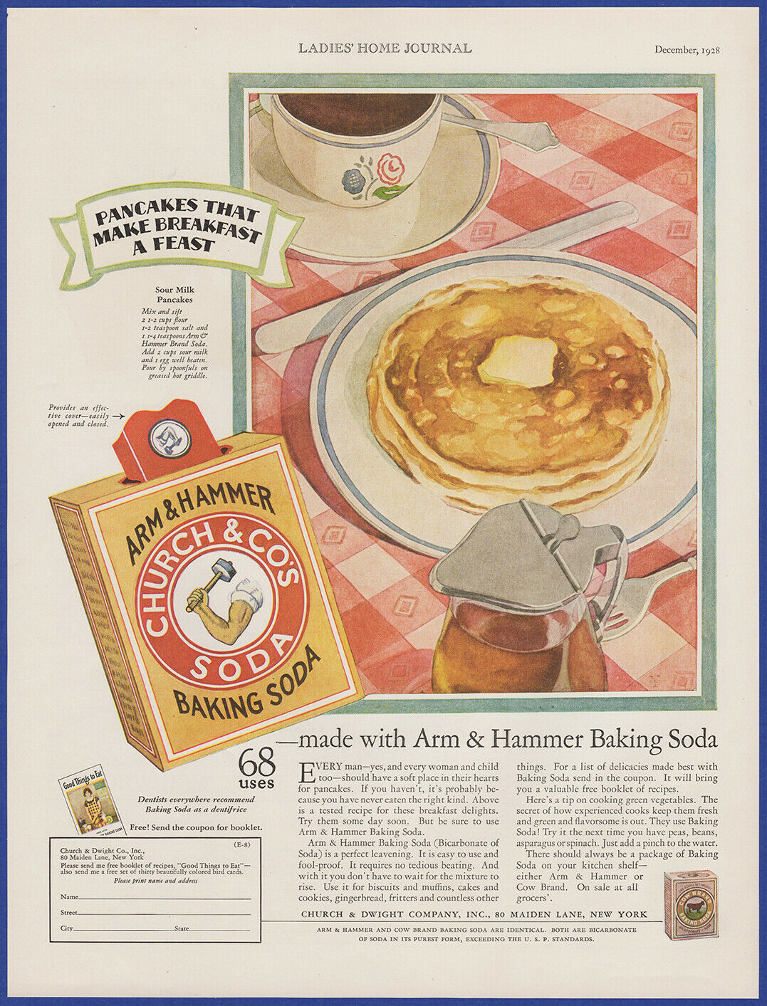 Vintage 1928 Arm & Hammer Baking Soda Kitchen Pancake Ephemera 20's Print Ad