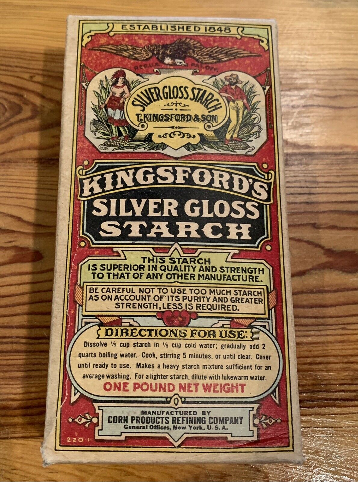 Antique Kingsford's Silver Gloss Starch 16 Oz 1lb Box- Unopened Vtg Box
