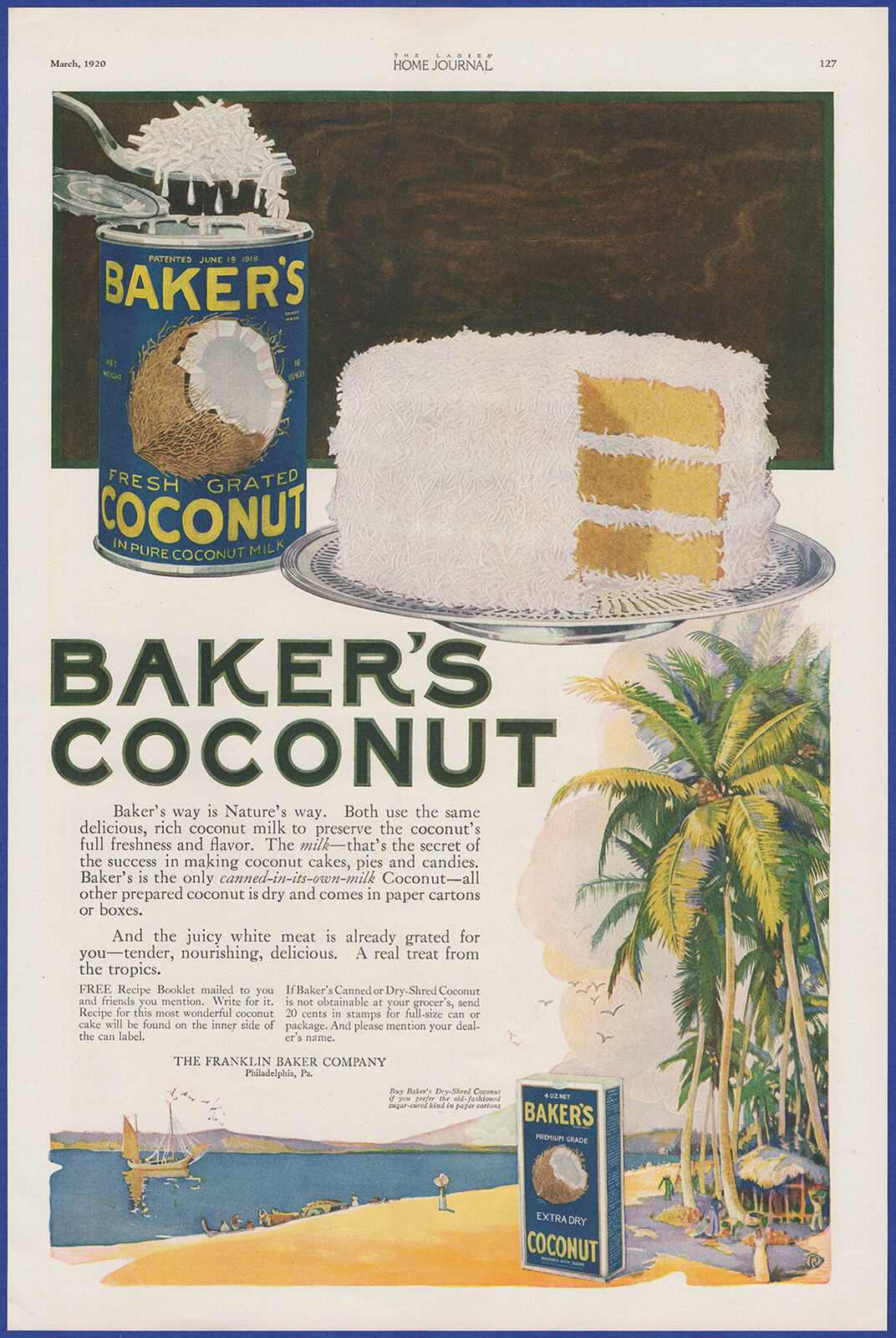 Vintage 1920 Baker's Coconut Cake Dessert Kitchen Décor Ephemera 20's Print Ad